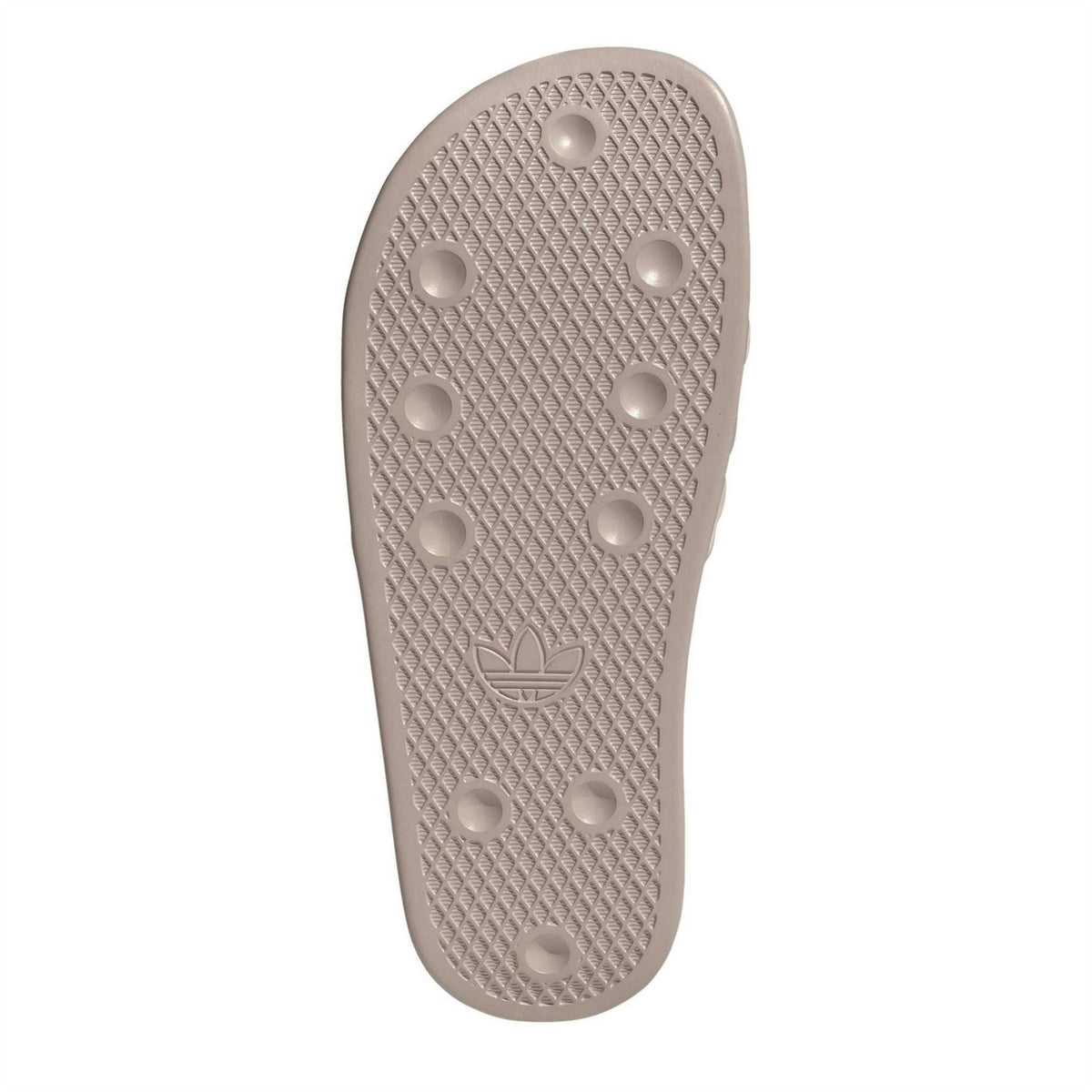 adidas taupe slide sandals outsole with grip dots and adidas trefoil logo