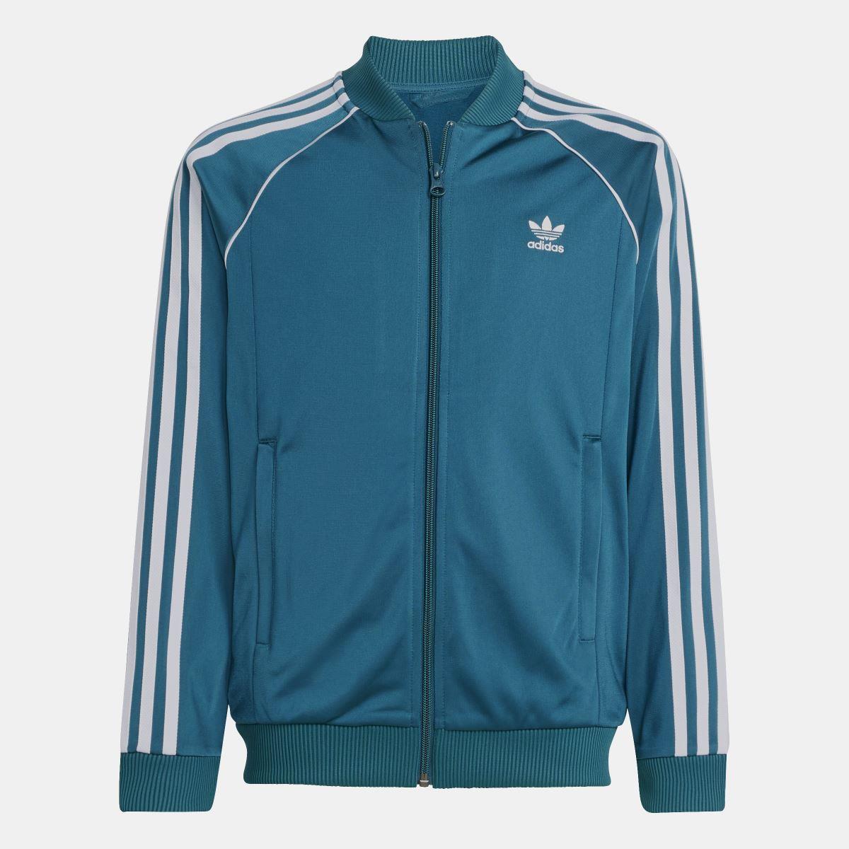 Teal juniors track top with zip front and white 3-stripe sleeve detailing.