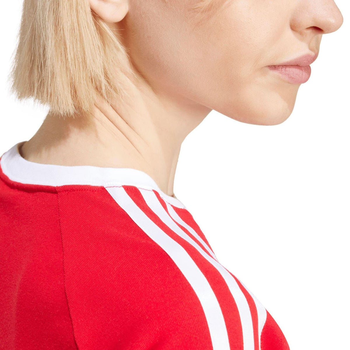 Red baby T-shirt with white crew neck trim and 3-stripe sleeve detail
