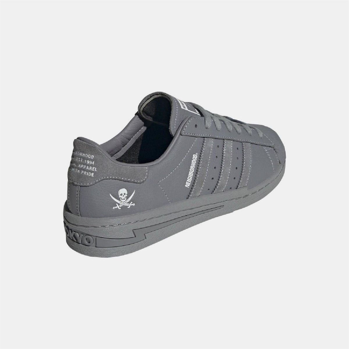 Grey adidas Originals N 2024 trainers heel view with embroidered logo and pull tab