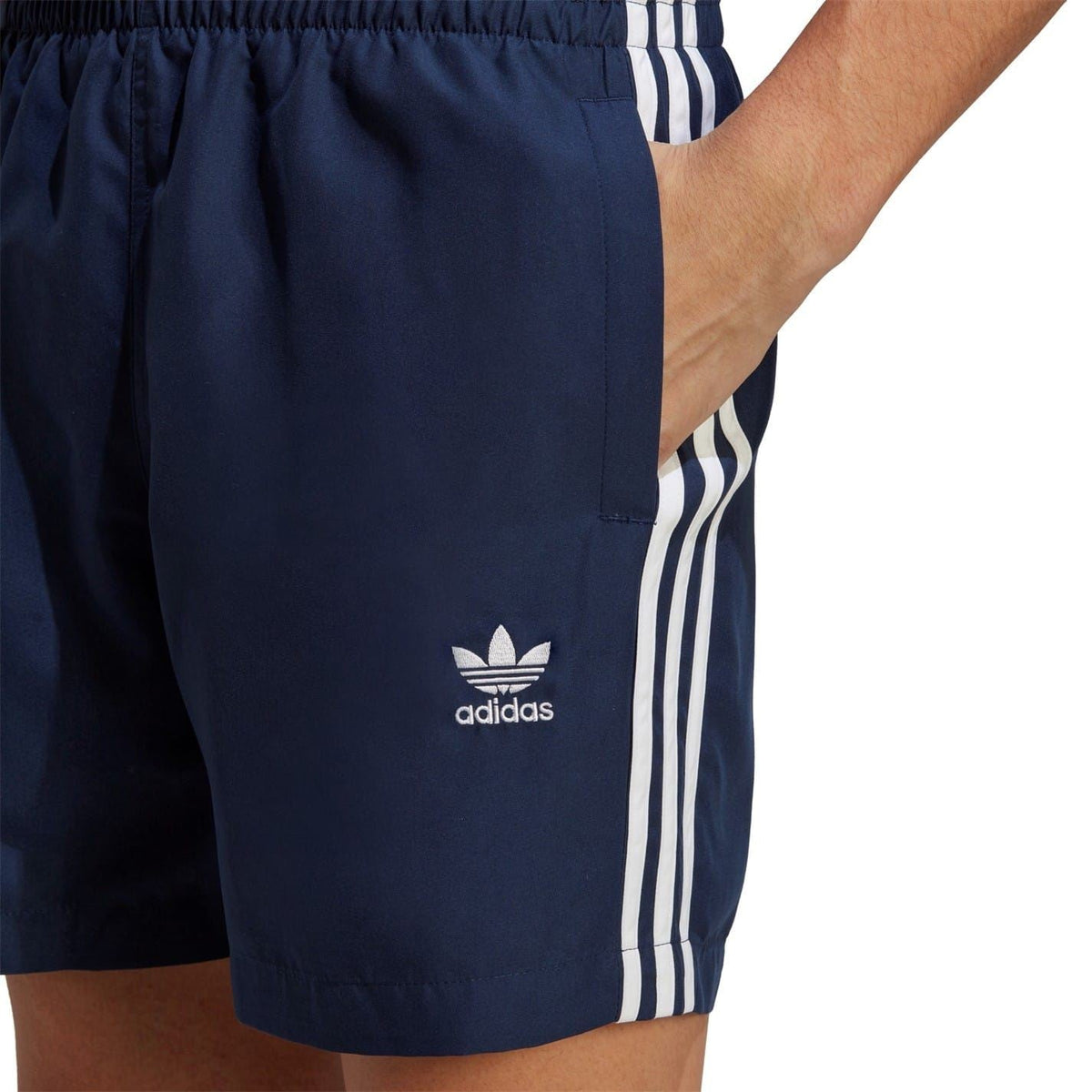 adidas Originals Ori 3 Stripes swim shorts with iconic three-stripe design, lightweight fabric, and comfortable fit for swimming and casual wear