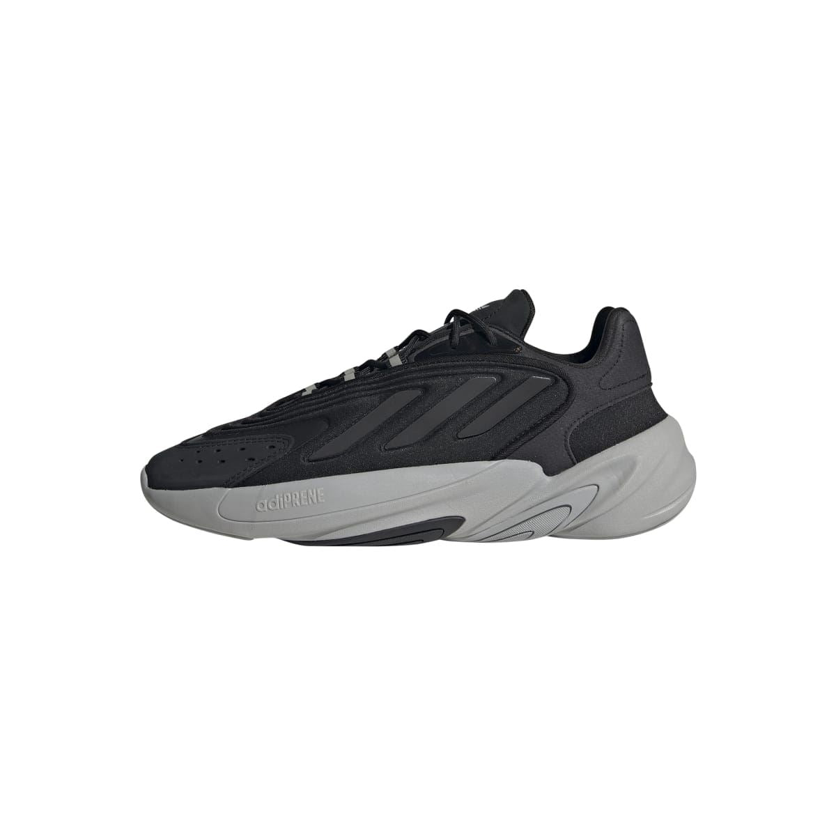 Black adidas Originals Ozelia sneaker with lace-up front and grey panels, angled front view