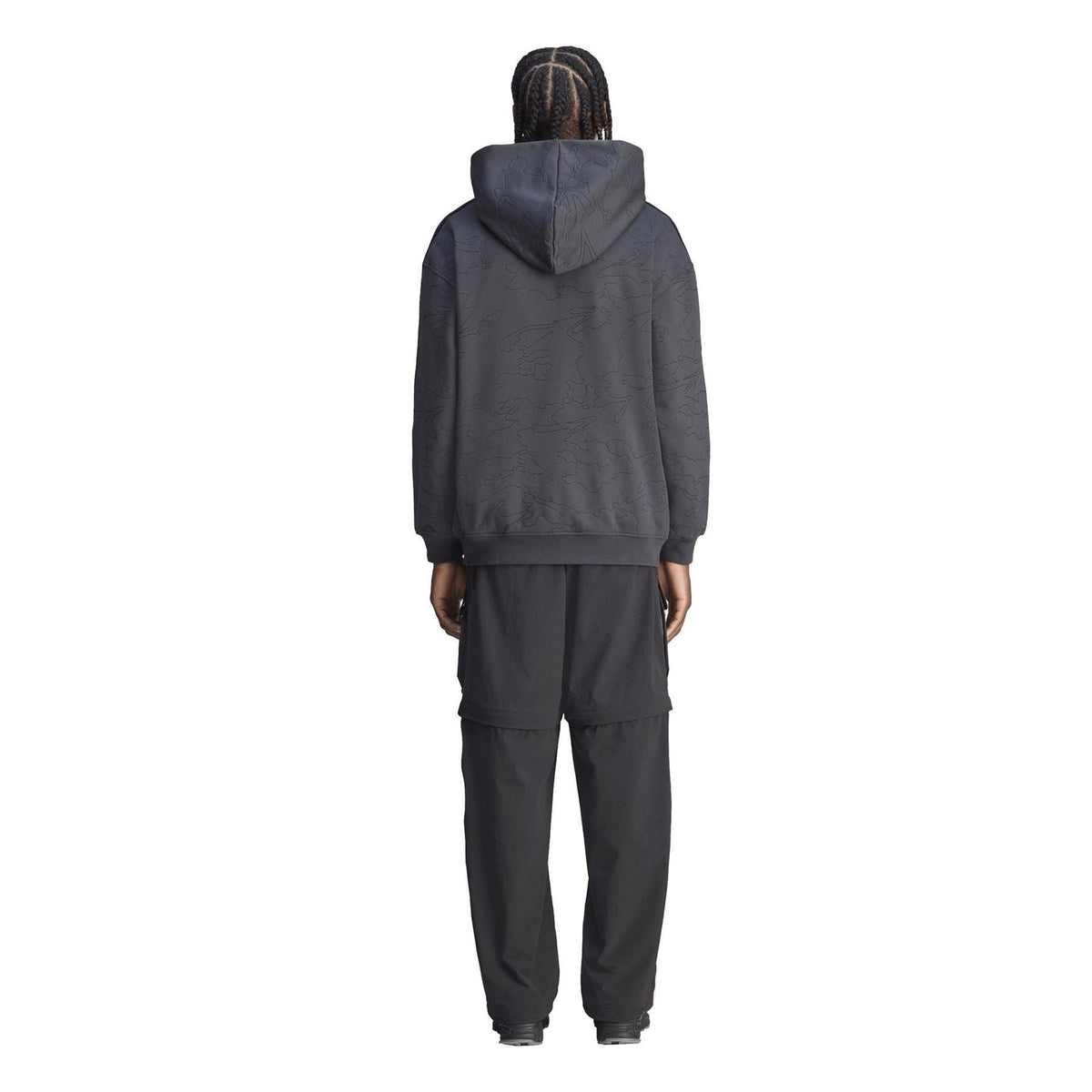 adidas Originals 100t hoodie back view, dark carbon pullover with embossed pattern