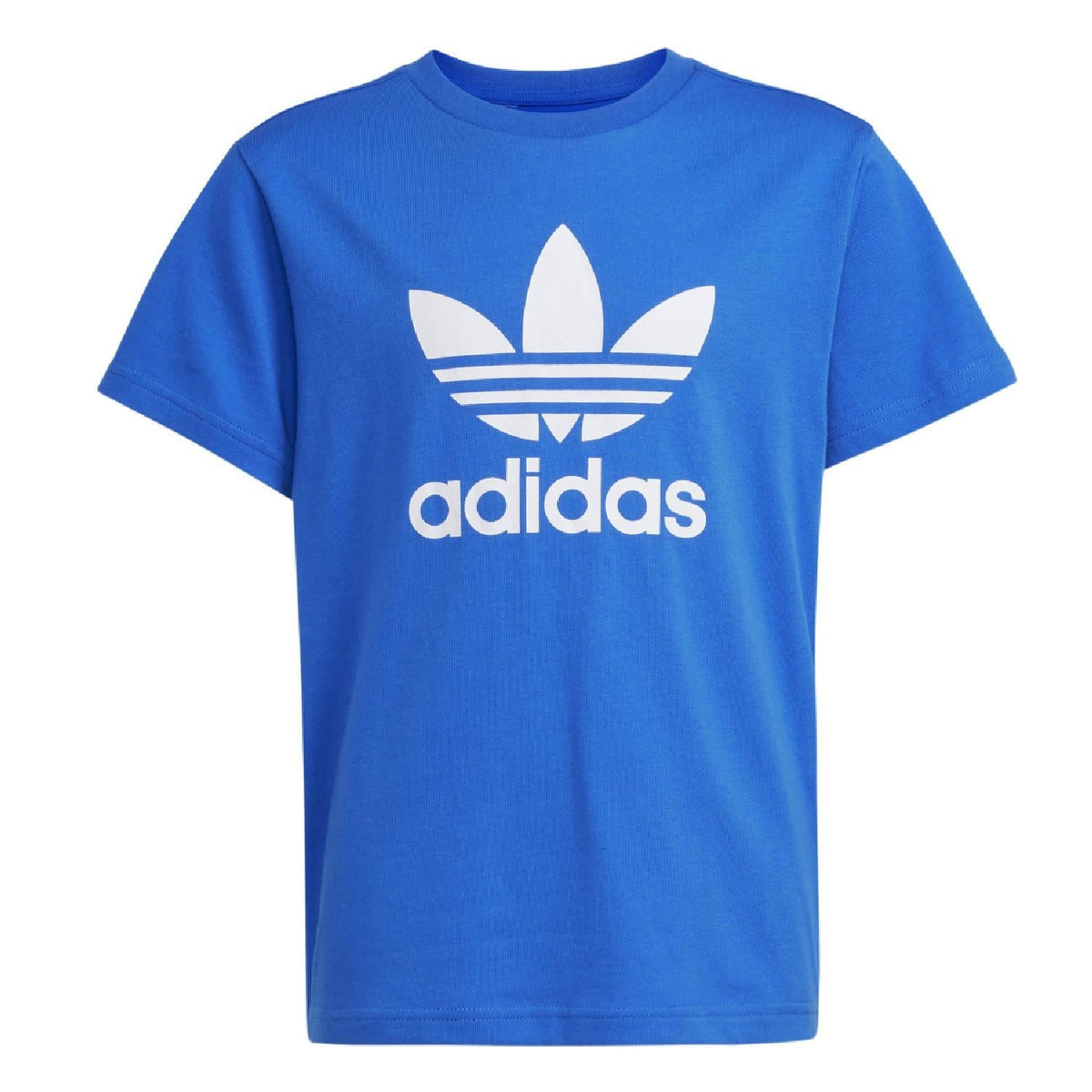 Blue junior adidas trefoil T-shirt front view, white adidas trefoil graphic