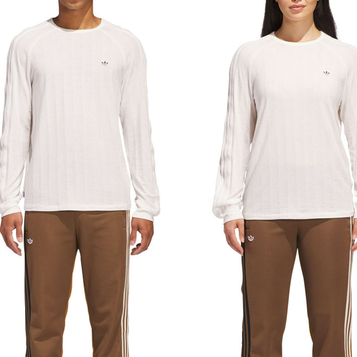 White ribbed long-sleeve crewneck t-shirt worn by male and female models
