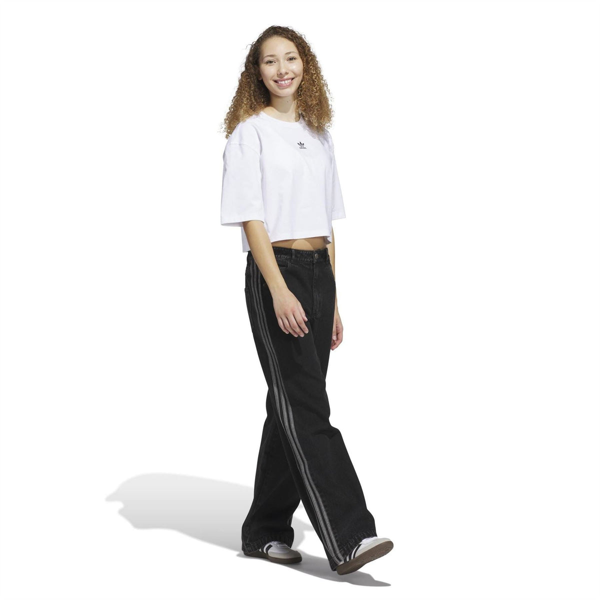 White cropped crew-neck T-shirt with adidas trefoil logo, short sleeves
