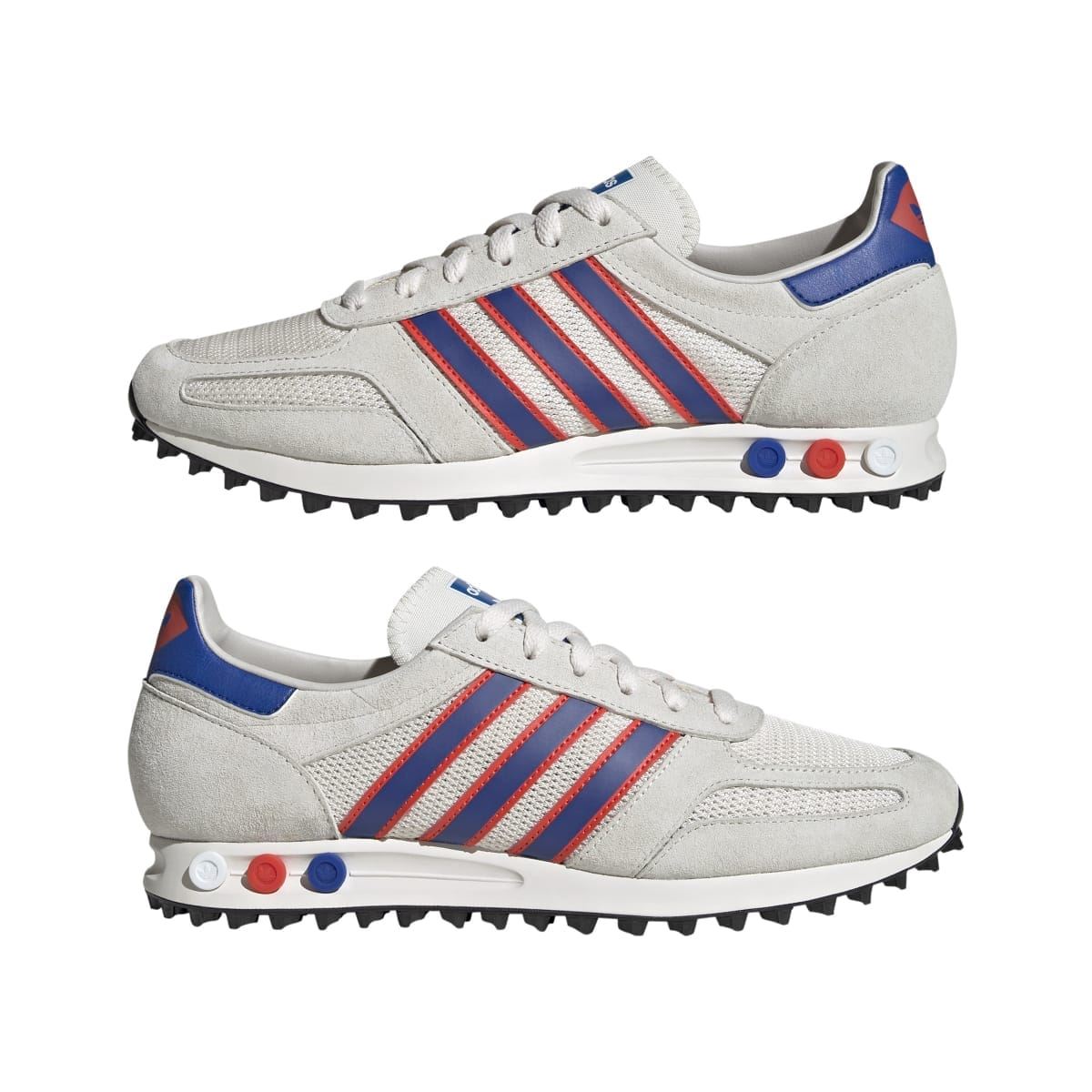 Men's adidas Originals LA trainers shown as a pair with chalk, blue and red stripes