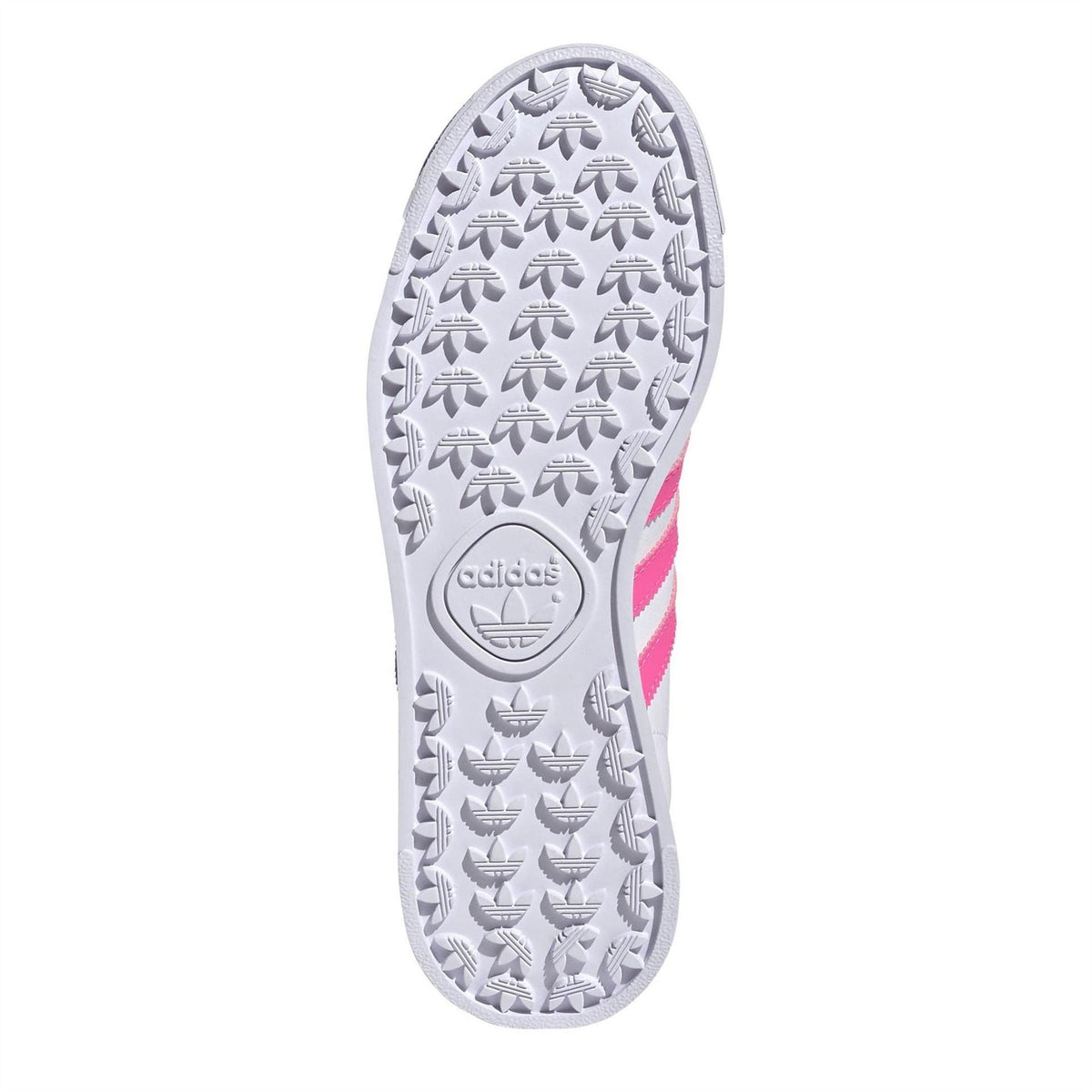 Juniors low-top sneaker outsole in white with patterned tread and pink sidewall stripe.