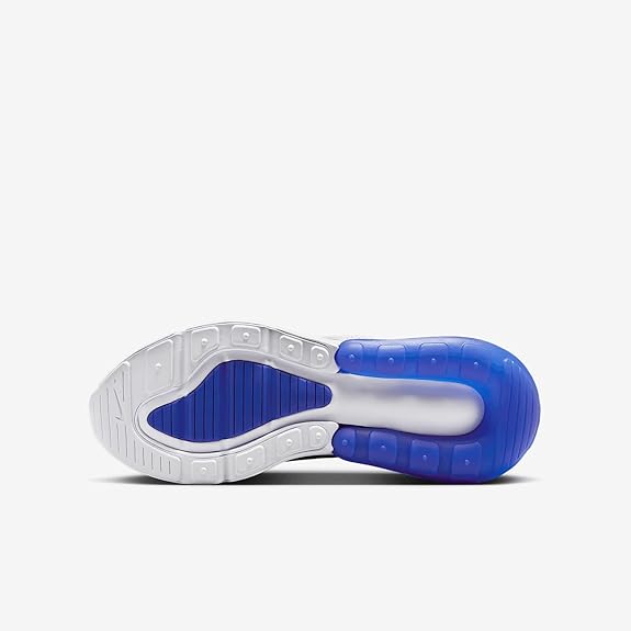 Kids' Nike Air Max 270 outsole, white tread with blue heel and side cushioning