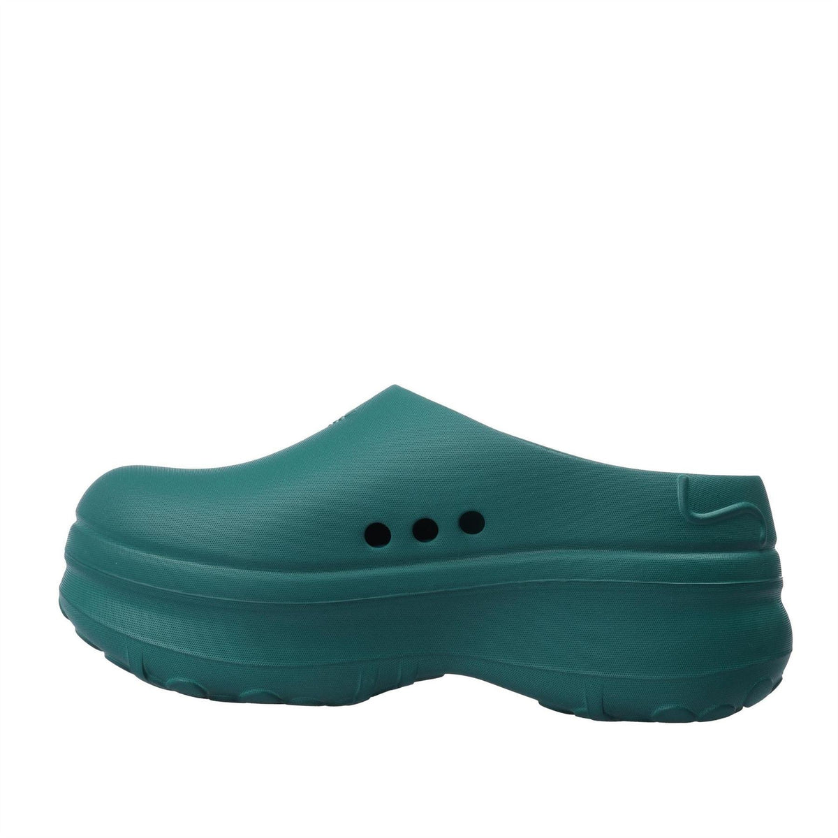 Green adidas mule clogs with three vent holes and thick sole, back view