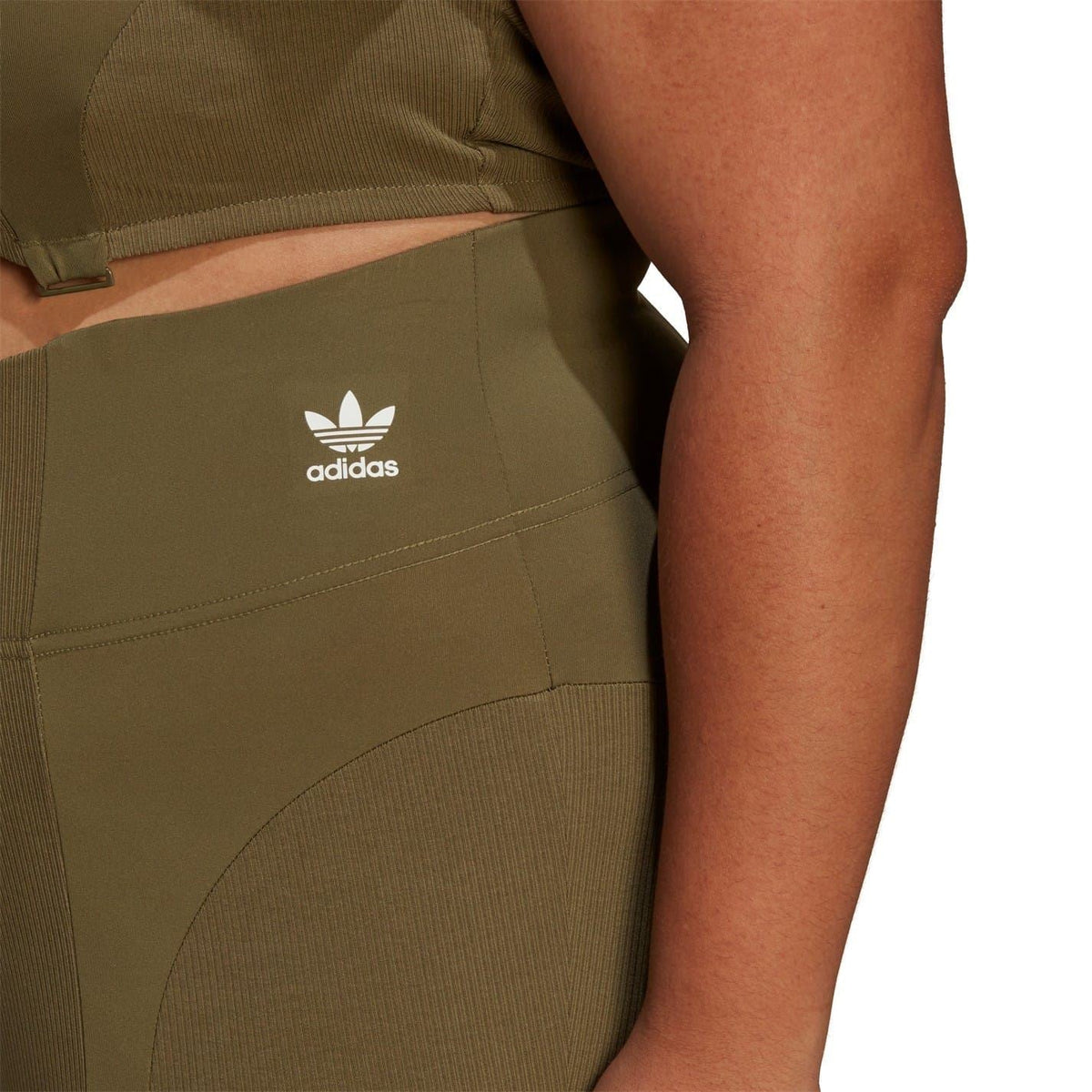 adidas logo on olive ribbed skinny leggings with seam detailing
