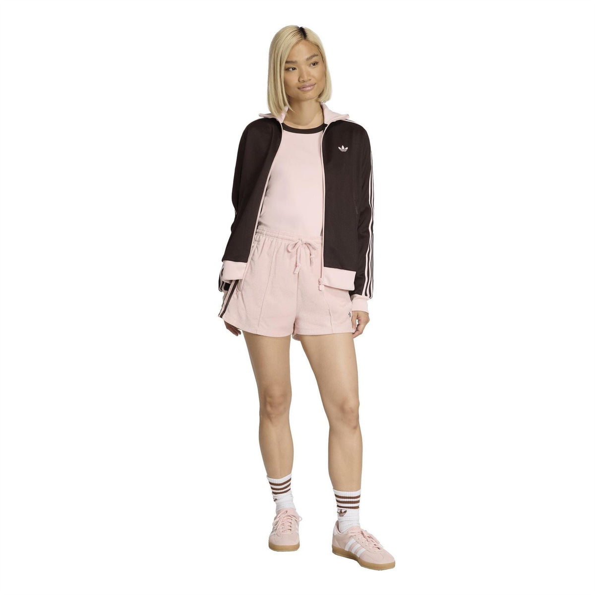 Sandy pink women's terry towel Firebird shorts with drawstring, side stripes, Adidas logo