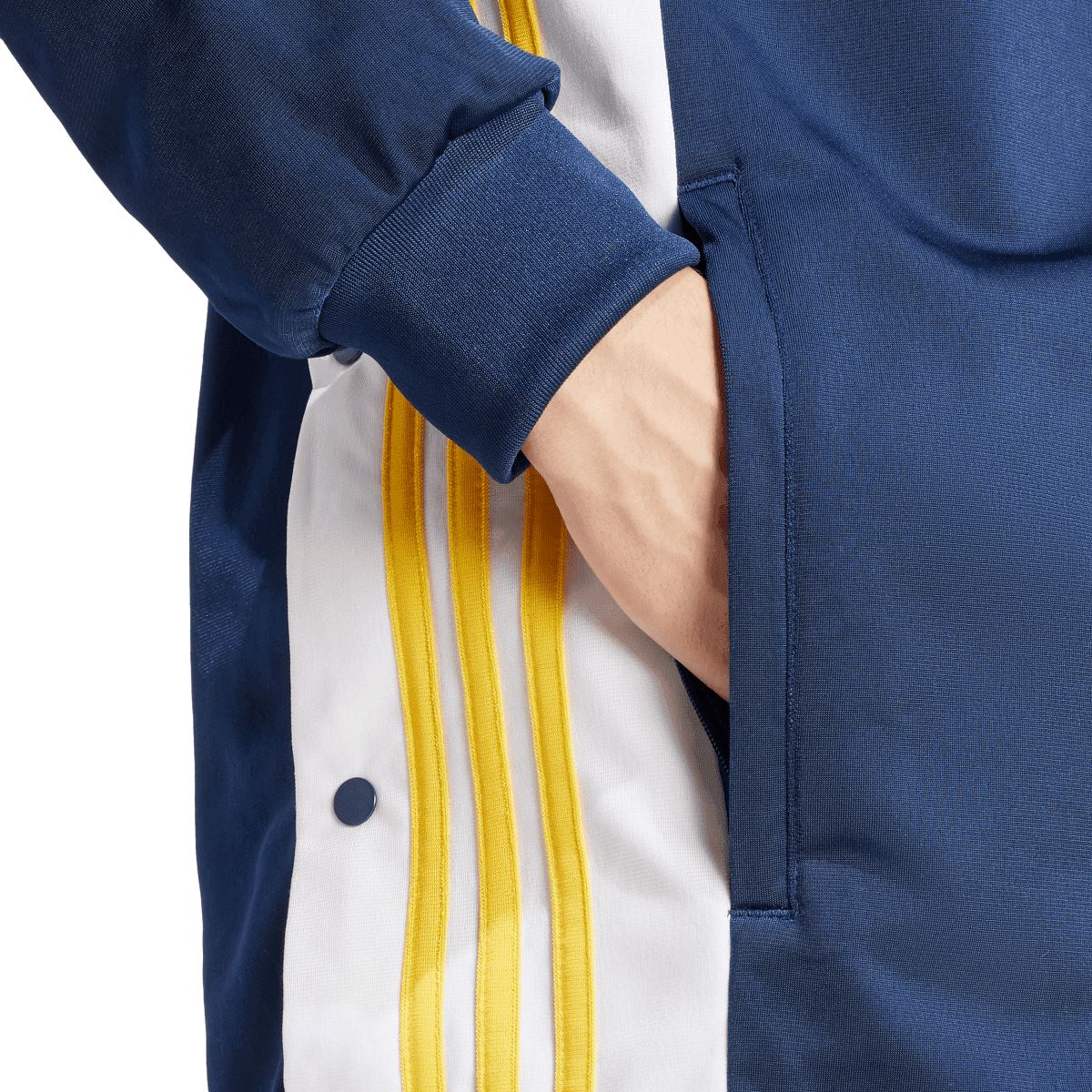 Indigo full-zip hoodie with front zipper and side pocket seam detail