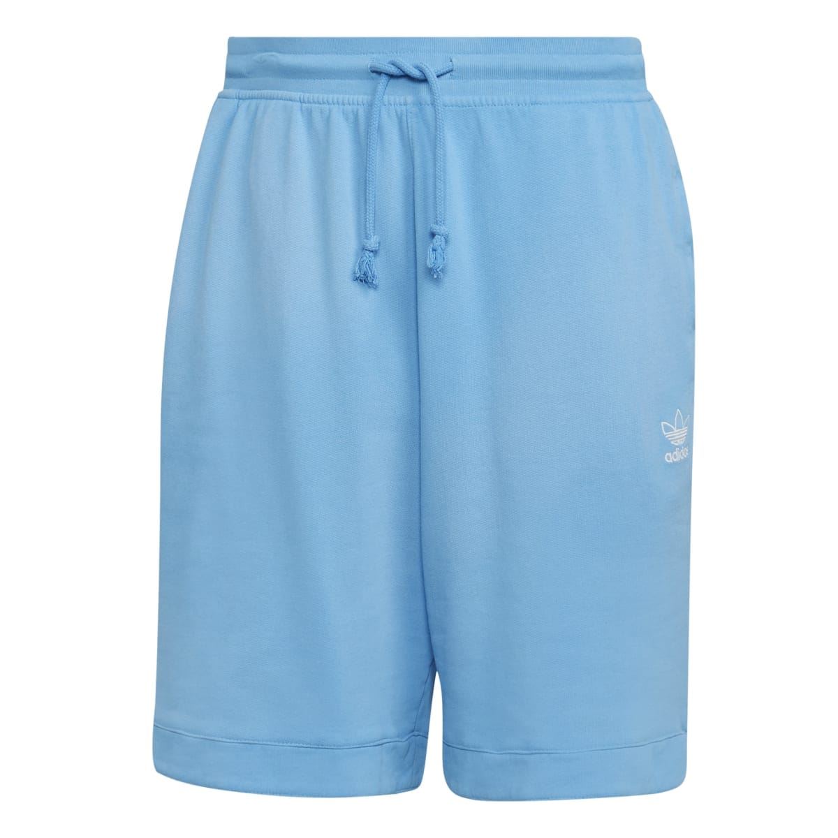 Light blue fleece shorts, elastic waist with tie drawcord, adidas trefoil at side