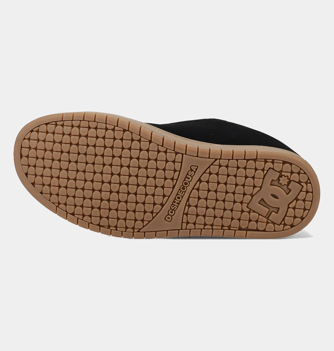 Court Graffik skate shoe outsole with tan patterned tread and DC logo detail