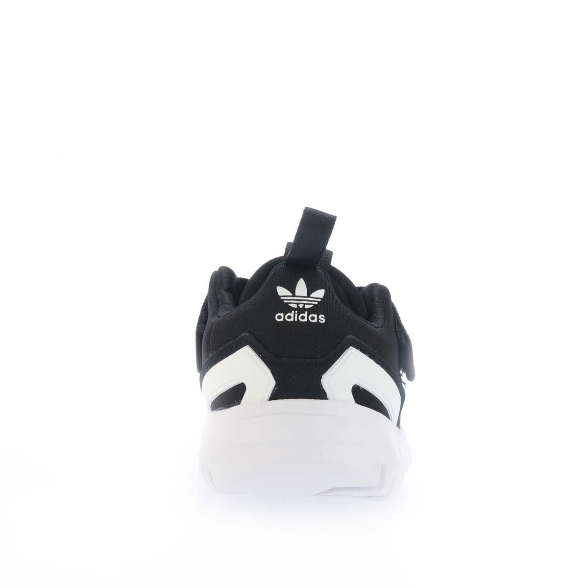 Black adidas Originals infant trainers back view with white logo accents