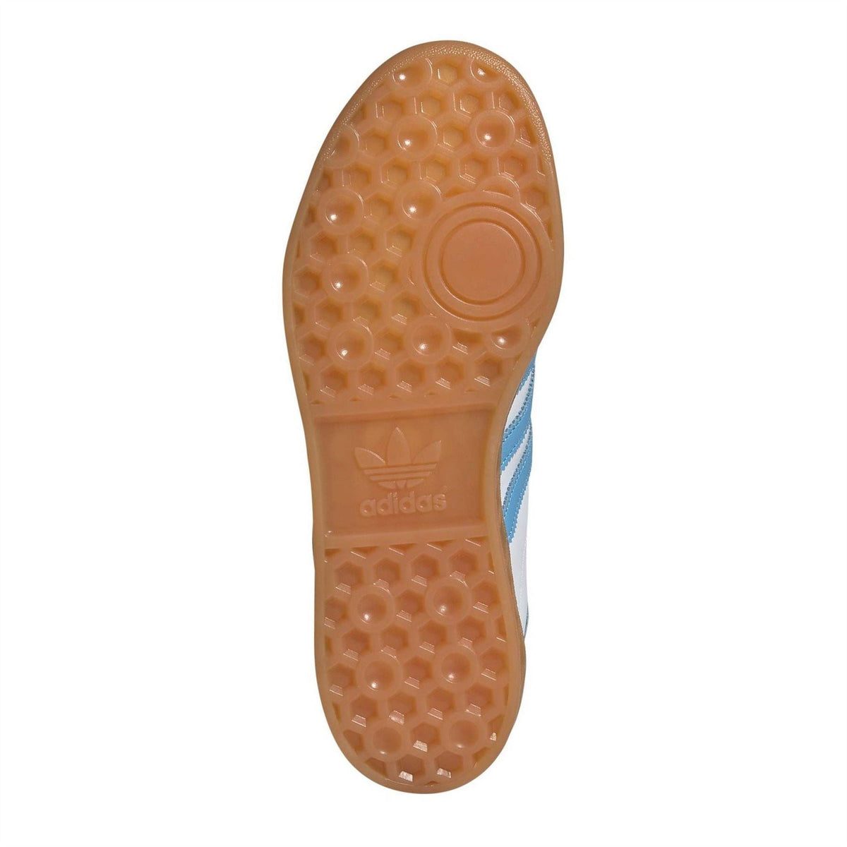 Gum rubber outsole for adidas trainers with textured tread and branding