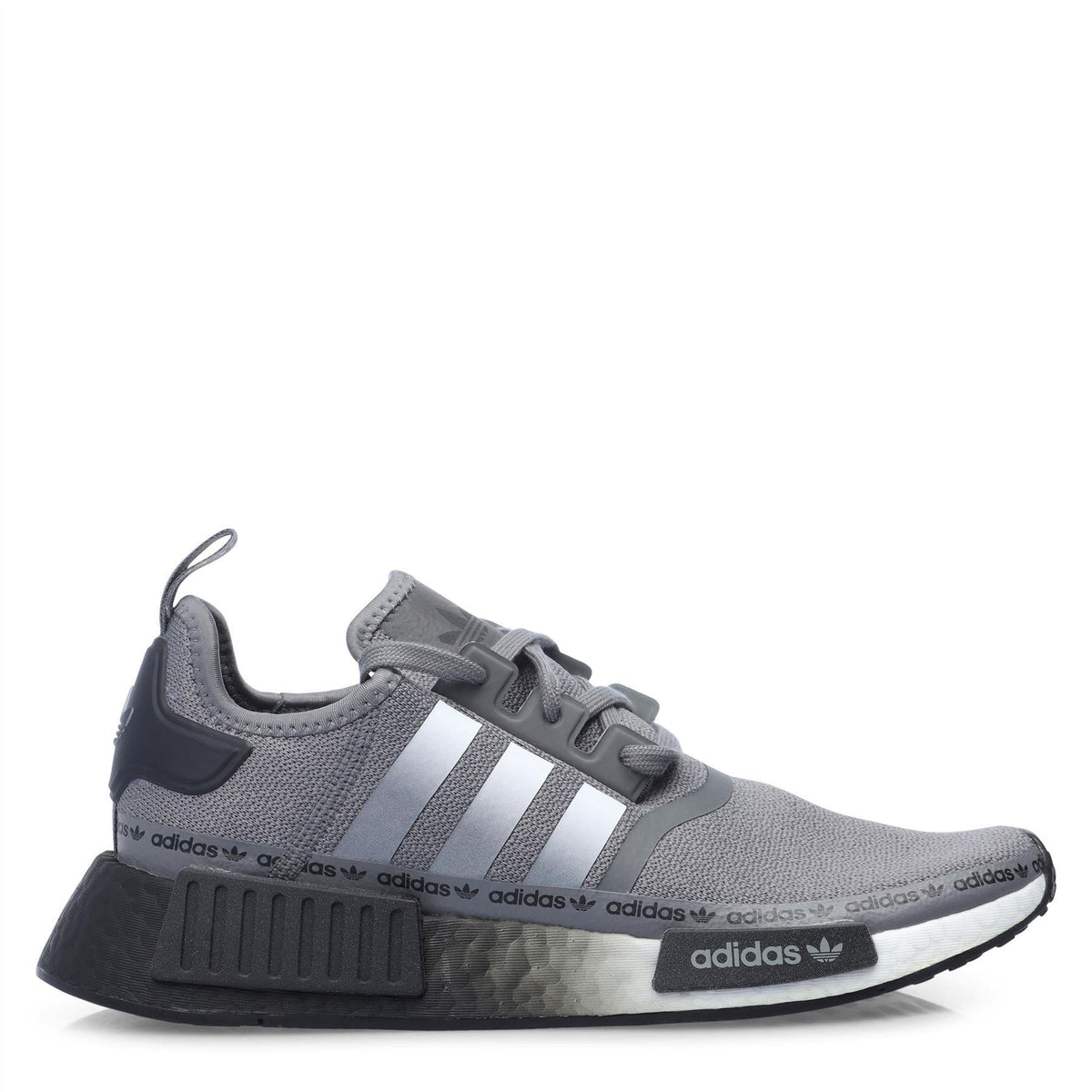 Grey adidas NMD_R1 lace-up trainer with mesh upper, three stripes, and ribbed heel