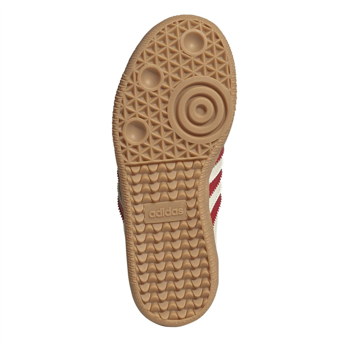 Tan gum outsole tread with adidas mark and red stripe accents