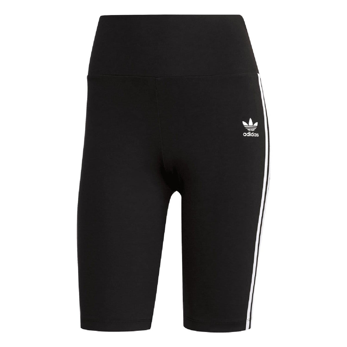 Black high-waisted short tights with adidas logo and white side stripe panels