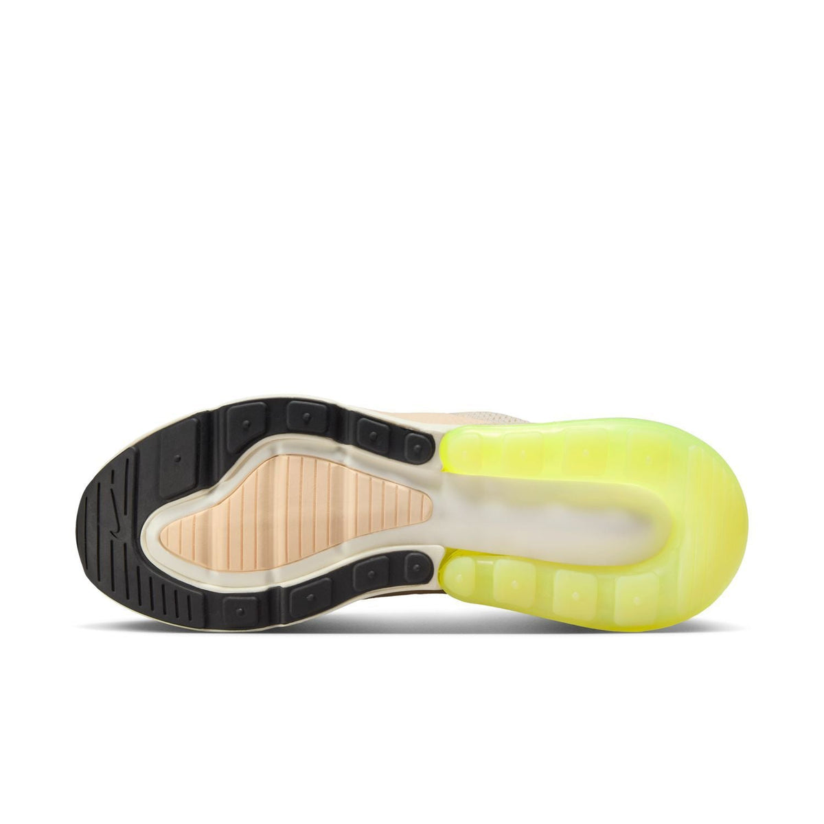 Women's Air Max 270 outsole, black tread with neon lime heel air pocket