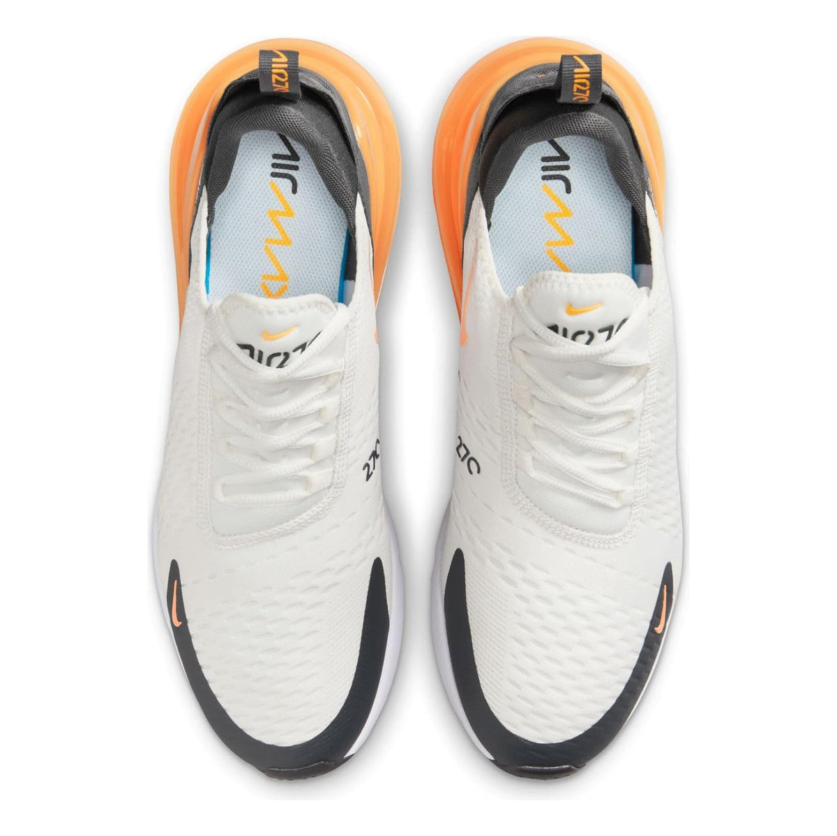 Men's Nike Air Max 270 lace-up sneakers with white mesh uppers, black heel tabs, orange accents.