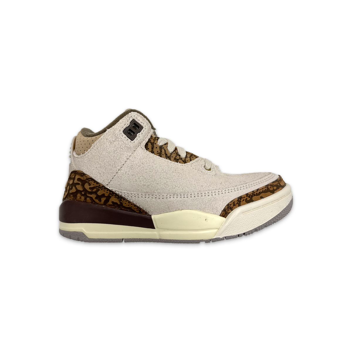 Kids' Air Jordan 3 Retro PS sneakers with light gray suede and tan leopard-print accents