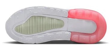 Kids' Nike Air Max 270 outsole view, white tread with pink heel segment