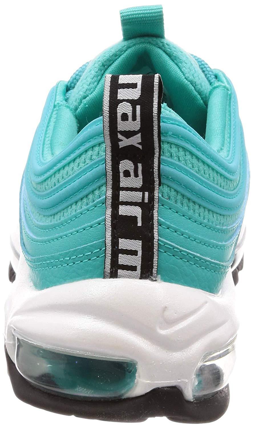 Turquoise sneaker heel with black vertical label in white lettering and white foam midsole