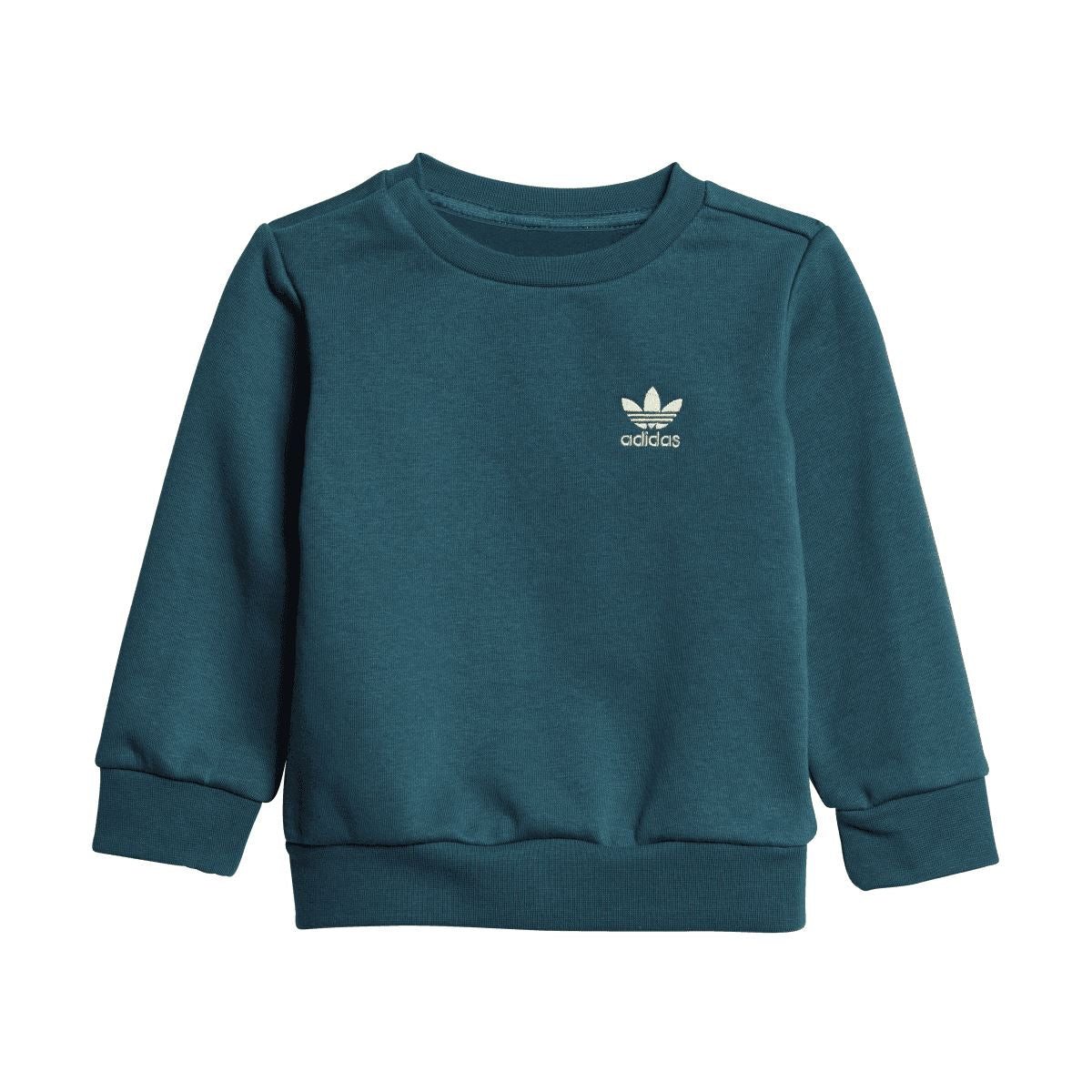 Teal adidas crew sweatshirt with gold trefoil logo, ribbed cuffs and hem