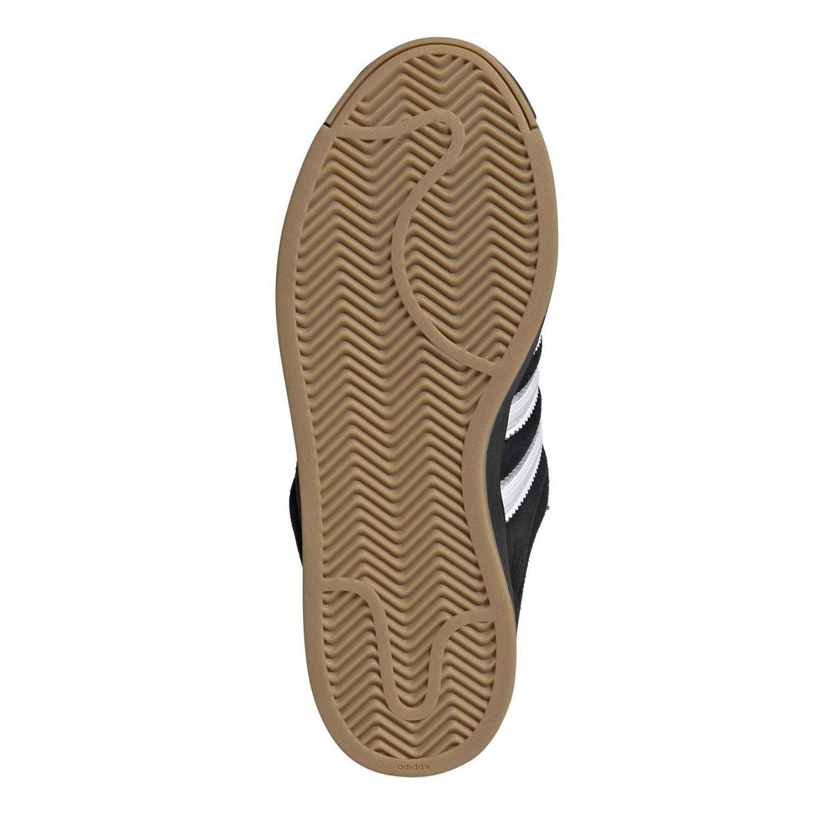 Black adidas sneaker outsole with tread pattern, gum rubber bottom