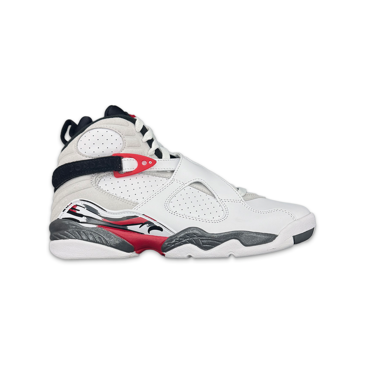 Kids Air Jordan 8 Retro sneaker in white with red and dark navy accents