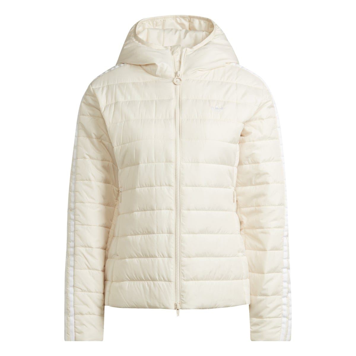 Off-white hooded slim puffer jacket with center front zipper and quilted panels