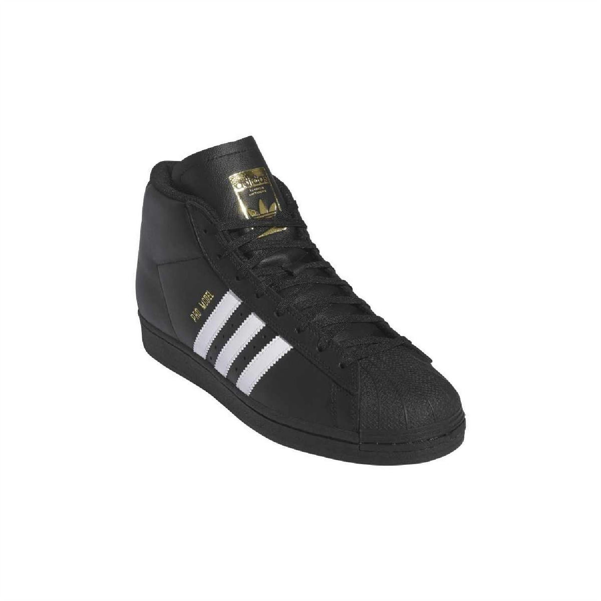 Black mid-top lace-up sneaker with white three-stripe panel and gold logo on tongue