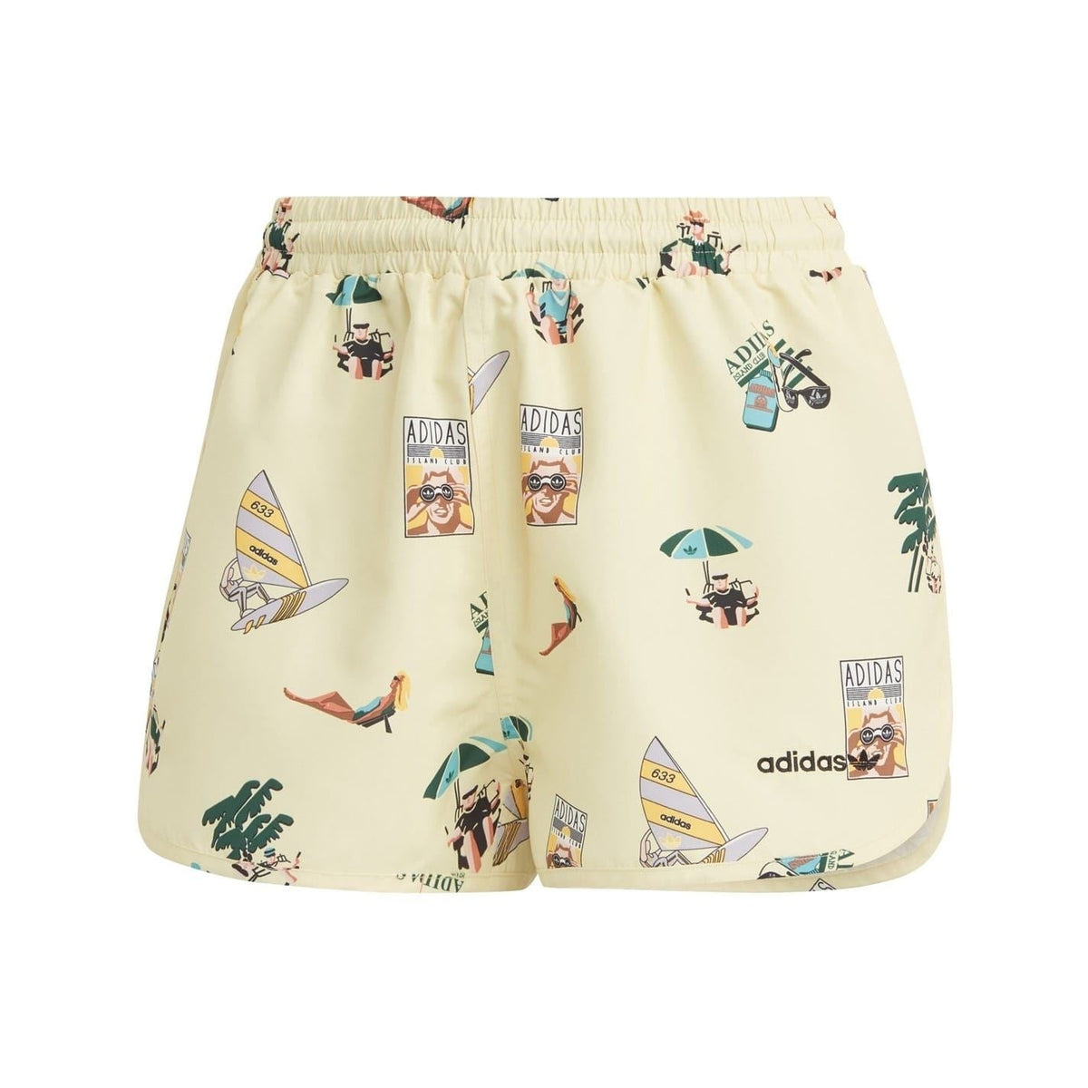 Cream athletic shorts with shirred elastic waistband and multicolor graphic print
