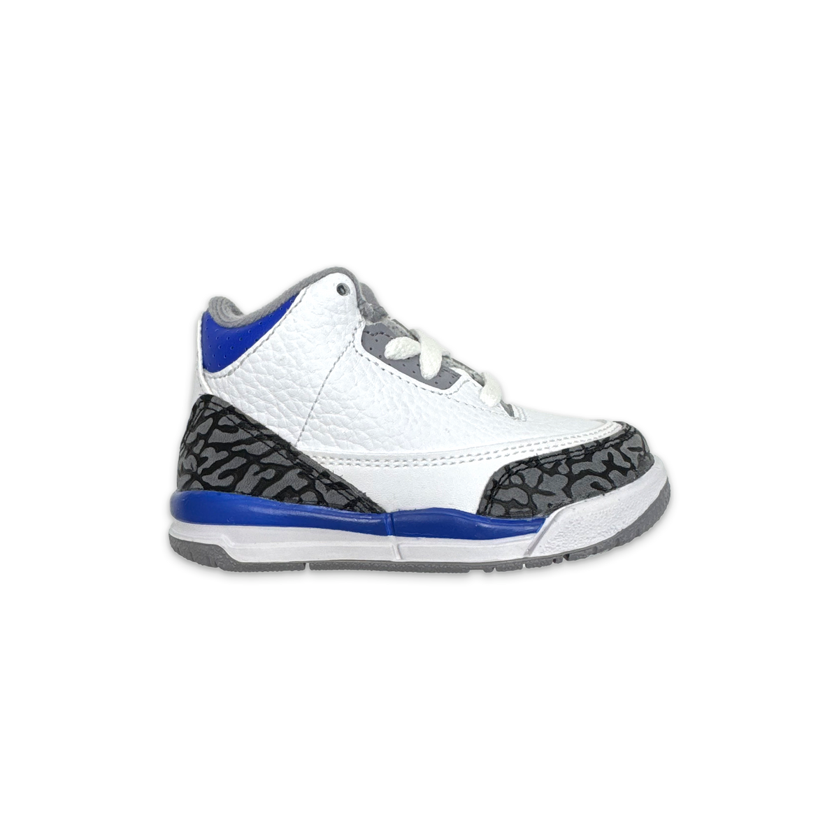 Kids Air Jordan 3 Retro sneaker, white leather with blue accents and speckled toe