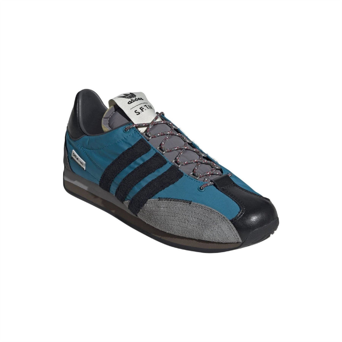 Teal low-top sneaker with three striped panels, gray toe cap, and lace-up