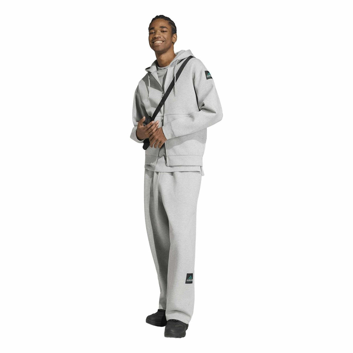 Grey heather zip-up hooded jacket and matching sweatpants set, full body view