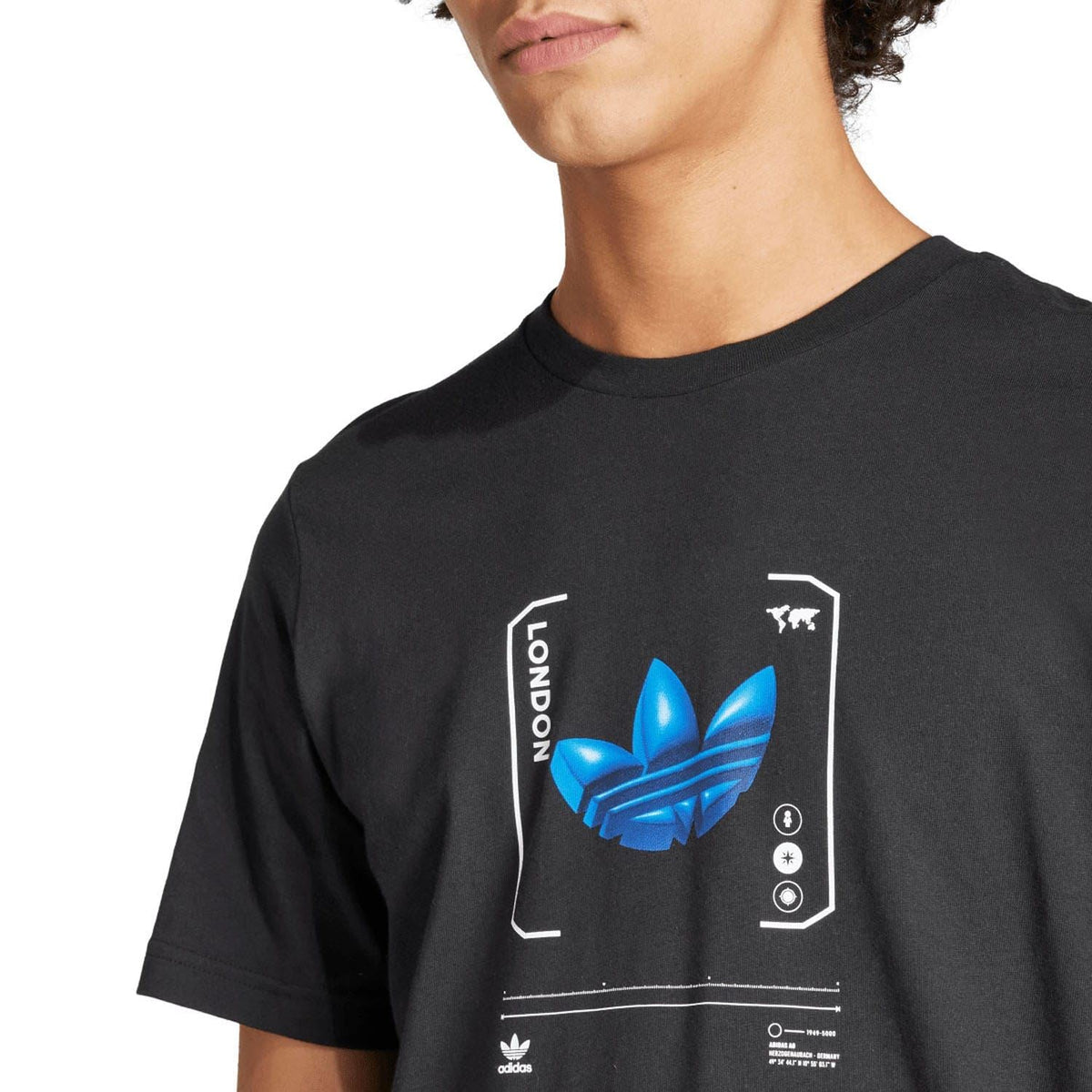 Men's black adidas Originals T-shirt close-up of blue logo graphic front
