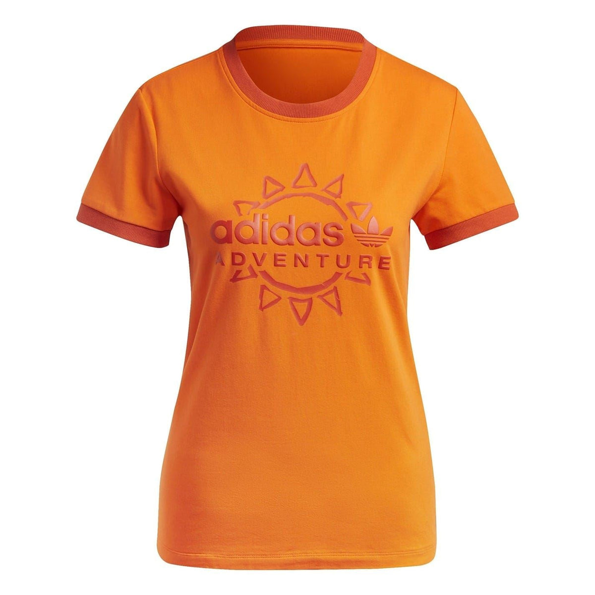 Orange short-sleeve crewneck T-shirt with adidas Adventure logo at center front