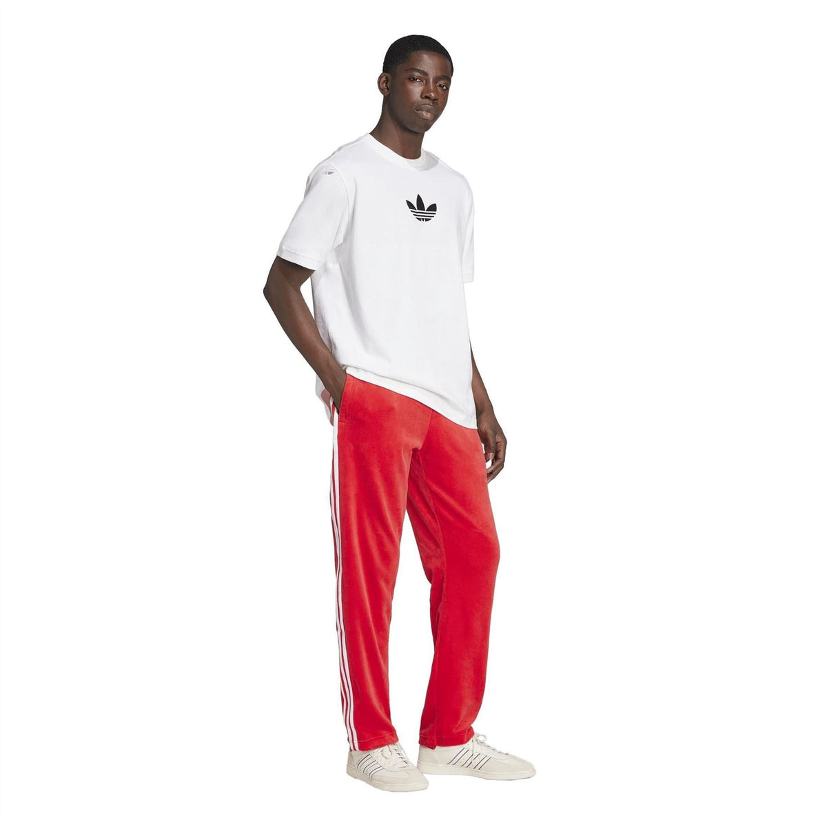 White adidas Originals crew neck T-shirt with black trefoil logo; standing view