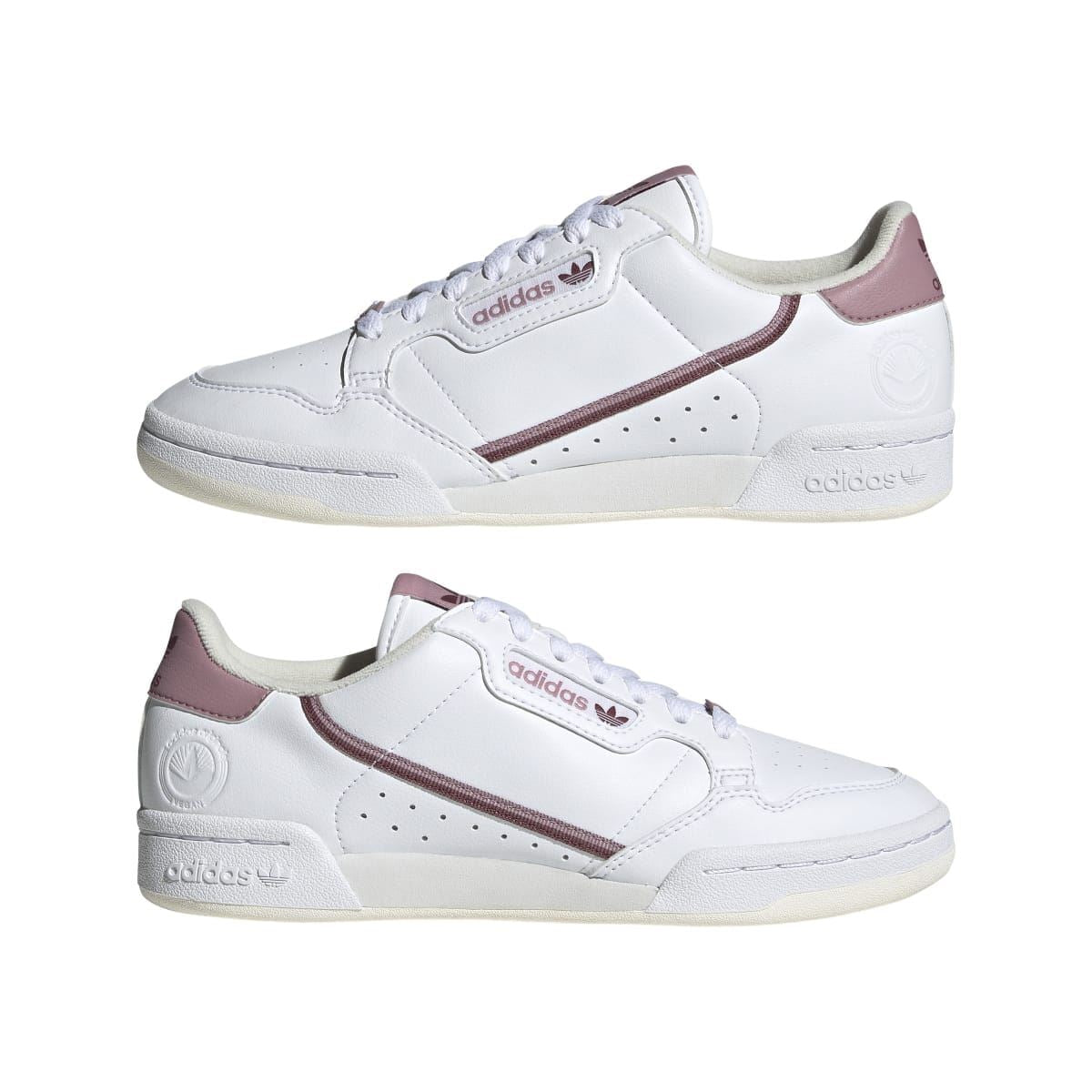 Women's white vegan low-top trainers with mauve accents, shown as a pair