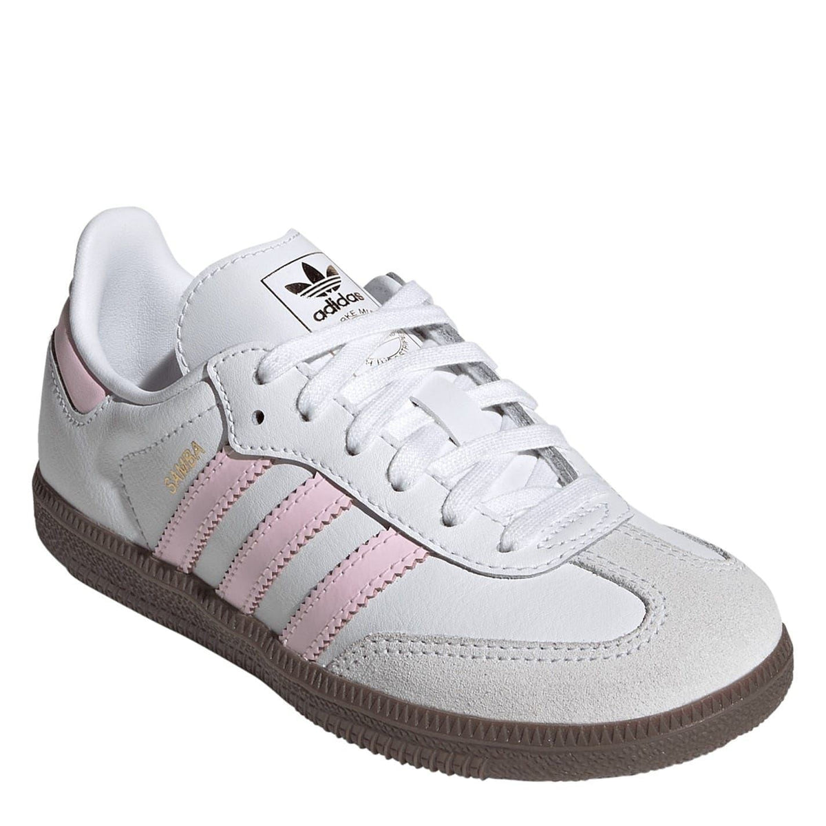 adidas Samba OG sneakers close-up, white upper with pink stripes, laces and logo patch