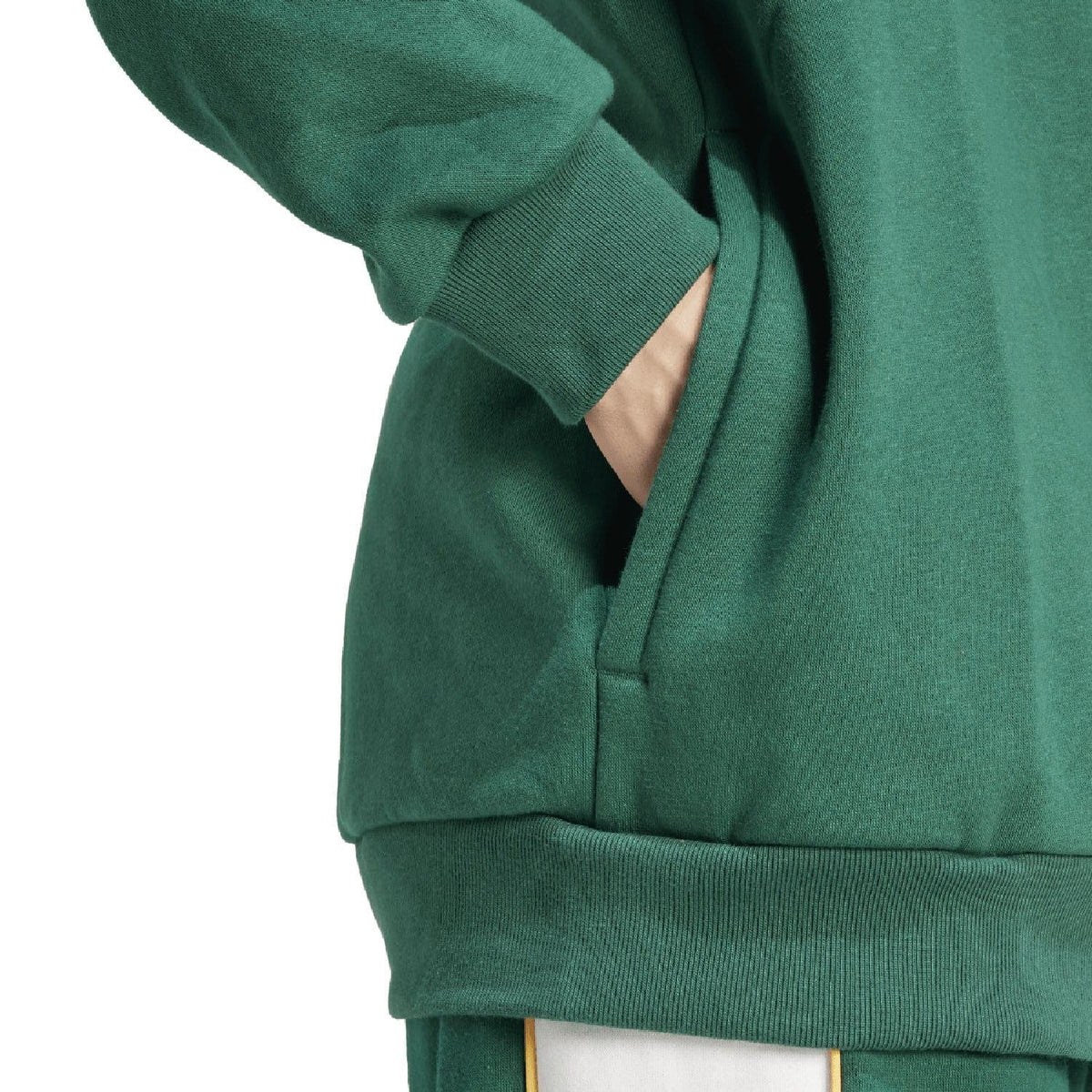 Green hoodie sleeve and cuff with drawcord and front kangaroo pocket opening