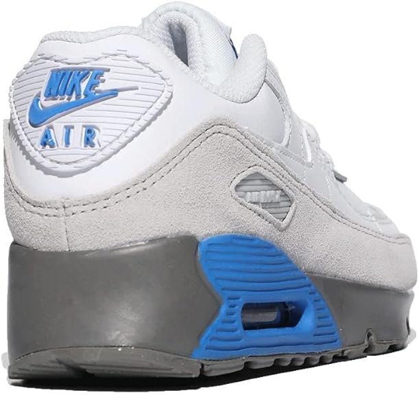 Kids' Nike Air Max 90 LTR sneakers, heel view with Nike Air logo, grey/white and blue