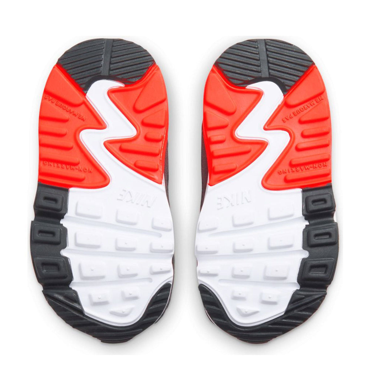 Toddler Nike Air Max 90 LTR outsole bottoms, white tread with orange-red and black sections