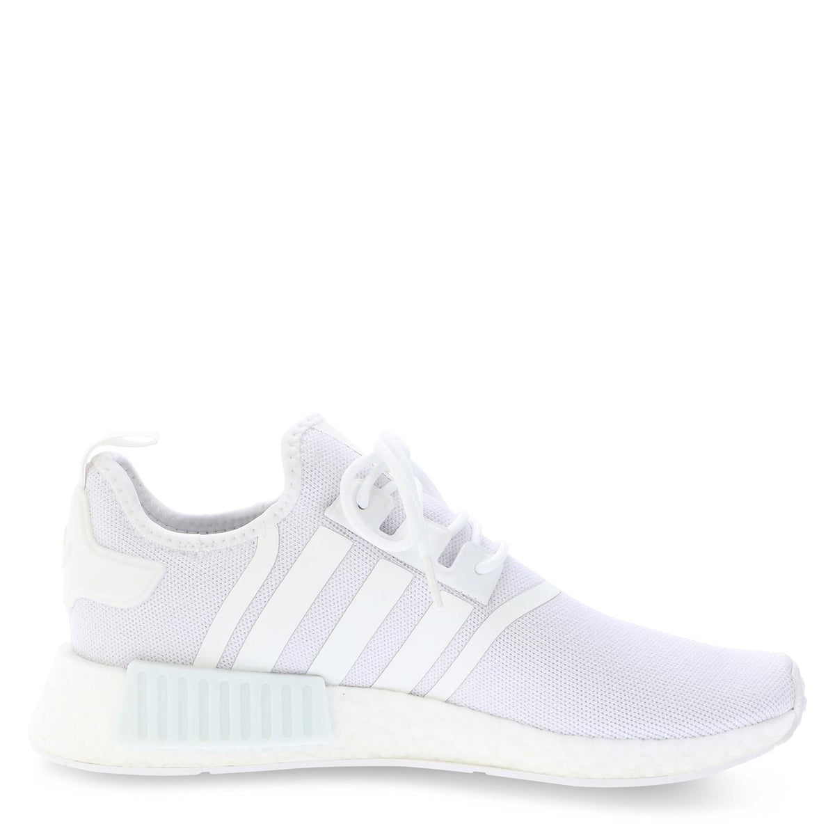 White adidas NMD_R1 low trainers, side profile with mesh upper and ribbed heel panel