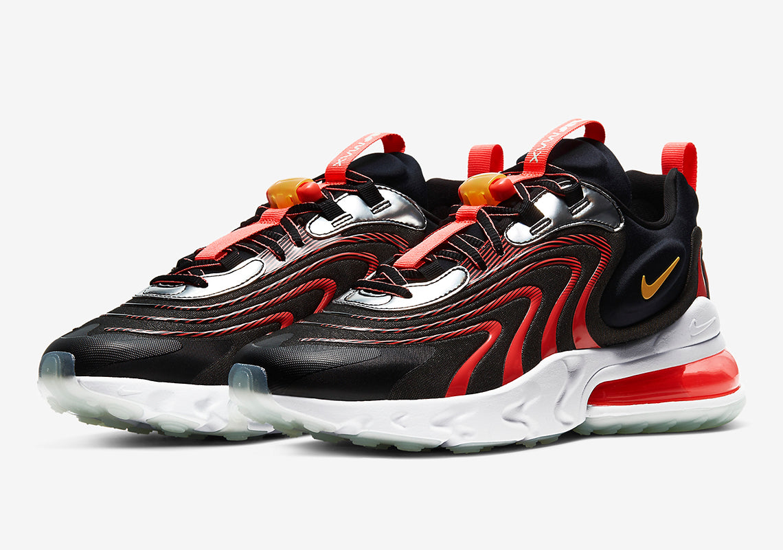 Men's Nike Air Max 270 React sneakers, black/red knit with white midsole and red Air unit