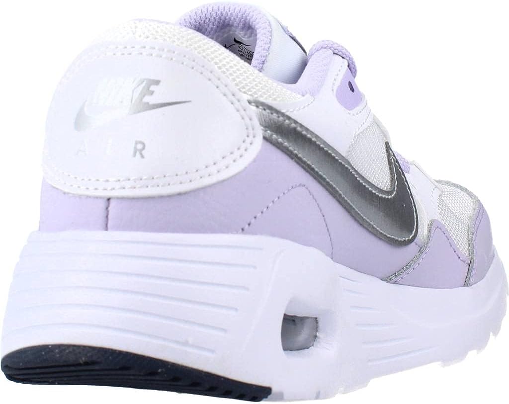 Big kid's Nike Air Max SC sneakers, back view with Nike Air heel branding and lavender details
