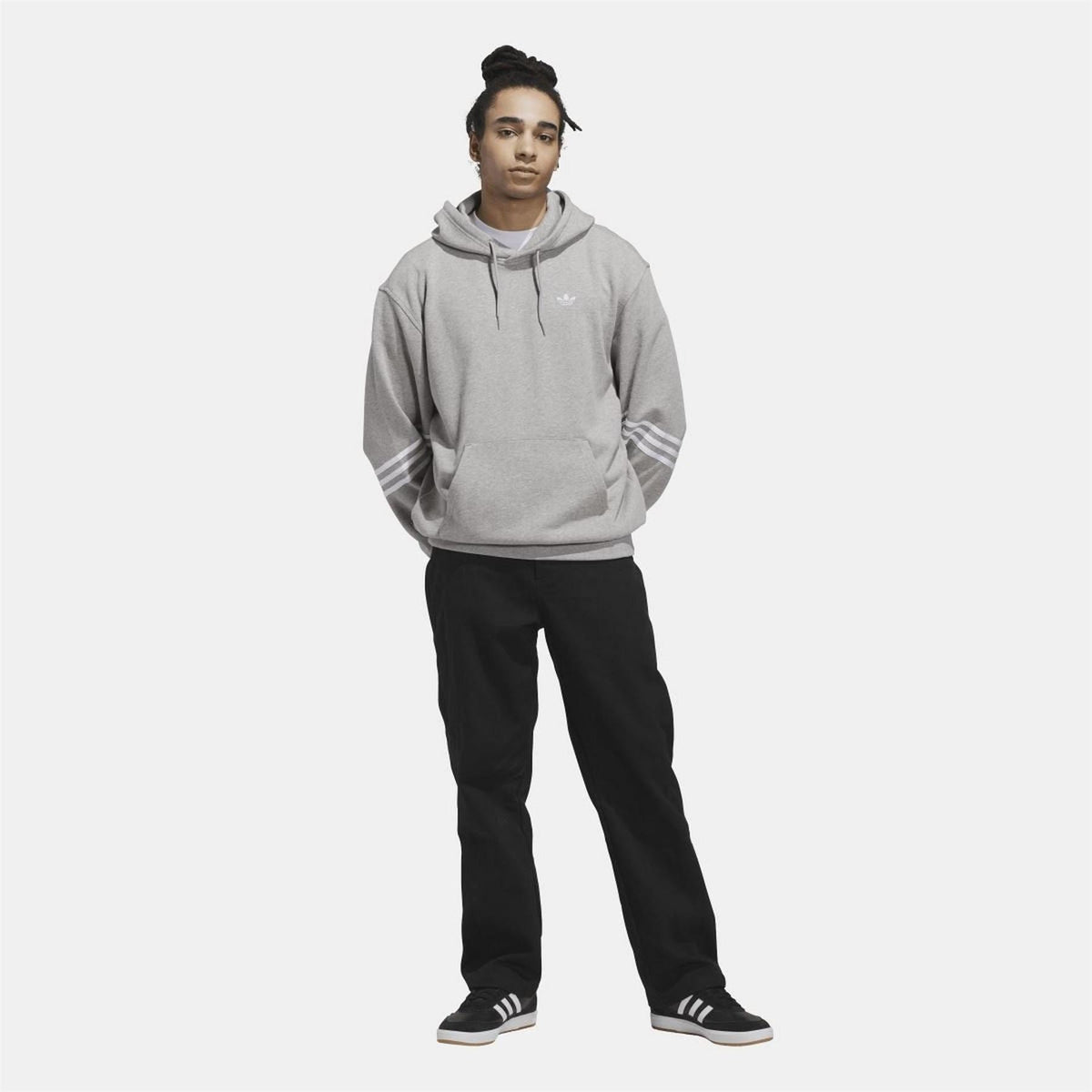 Grey adidas Originals hoodie with hood and logo, relaxed front stance